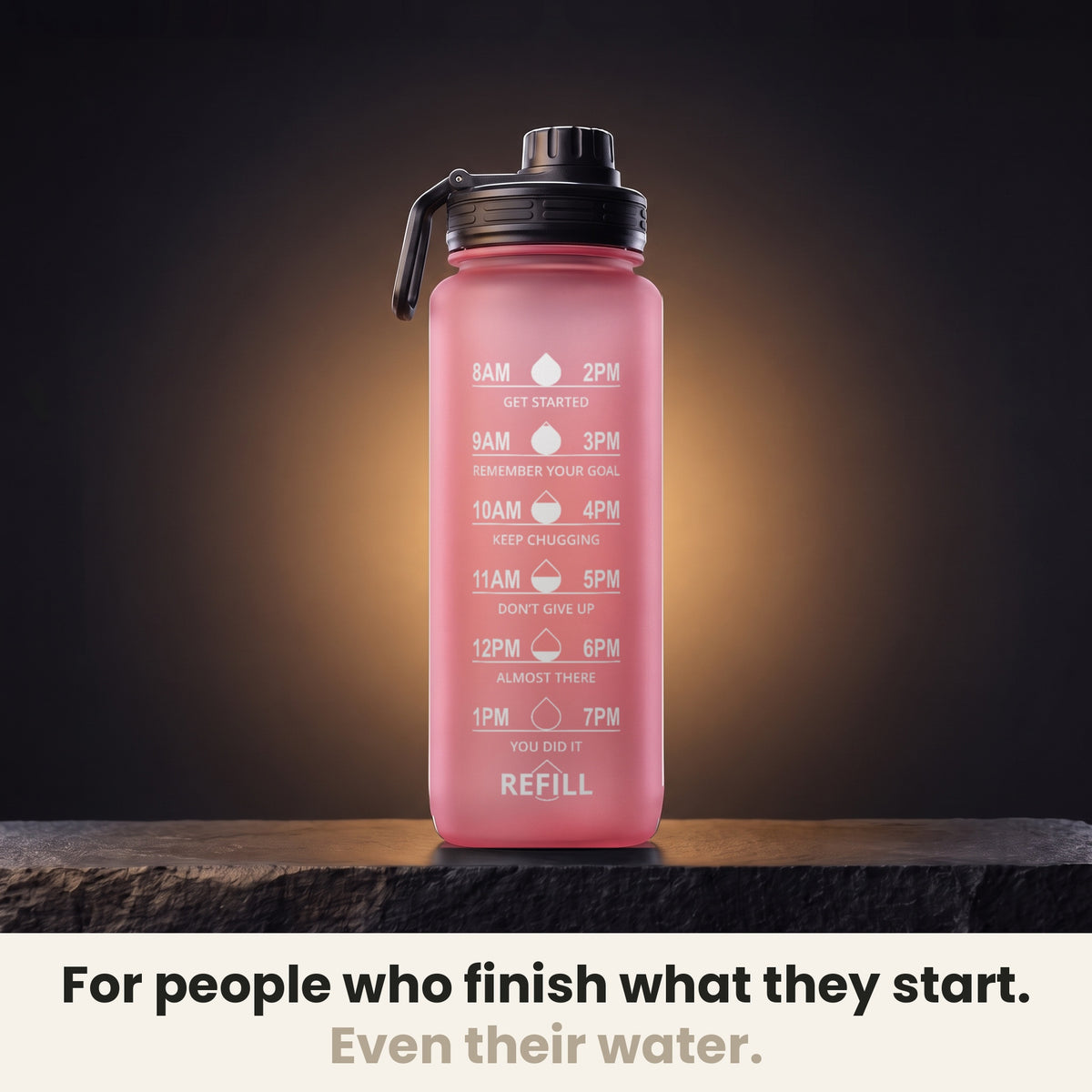 InstaCuppa Motivational Water Bottle 1 Litre - Pink - hourly time markings, for people who finish what they start
