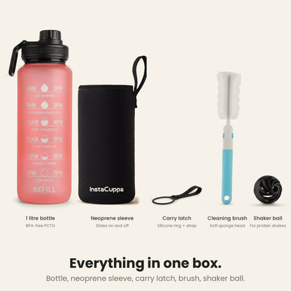 InstaCuppa Motivational Water Bottle 1 Litre - Pink - in the box: bottle, neoprene sleeve, carry latch, brush, shaker ball