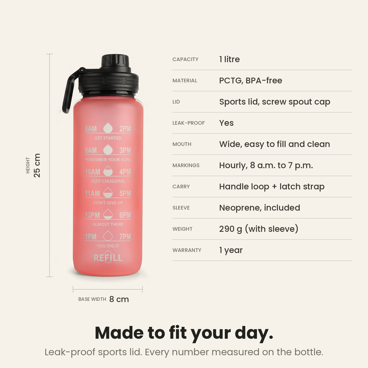 InstaCuppa Motivational Water Bottle 1 Litre - Pink - spec sheet: 25 cm tall, 8 cm base, 290 g with sleeve, BPA-free PCTG