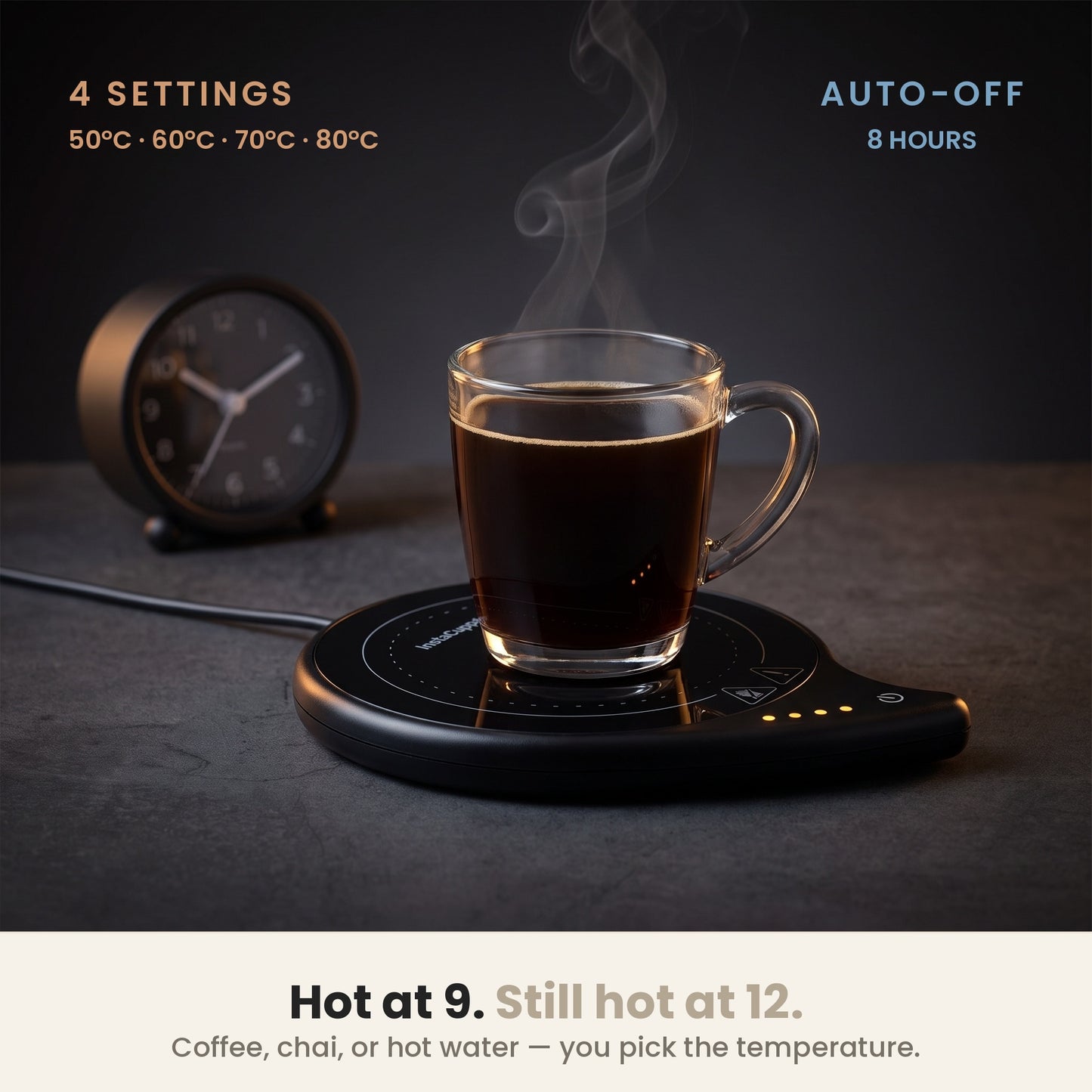 InstaCuppa coffee mug warmer for desk with 4 settings from 50°C to 80°C and 8-hour auto-off