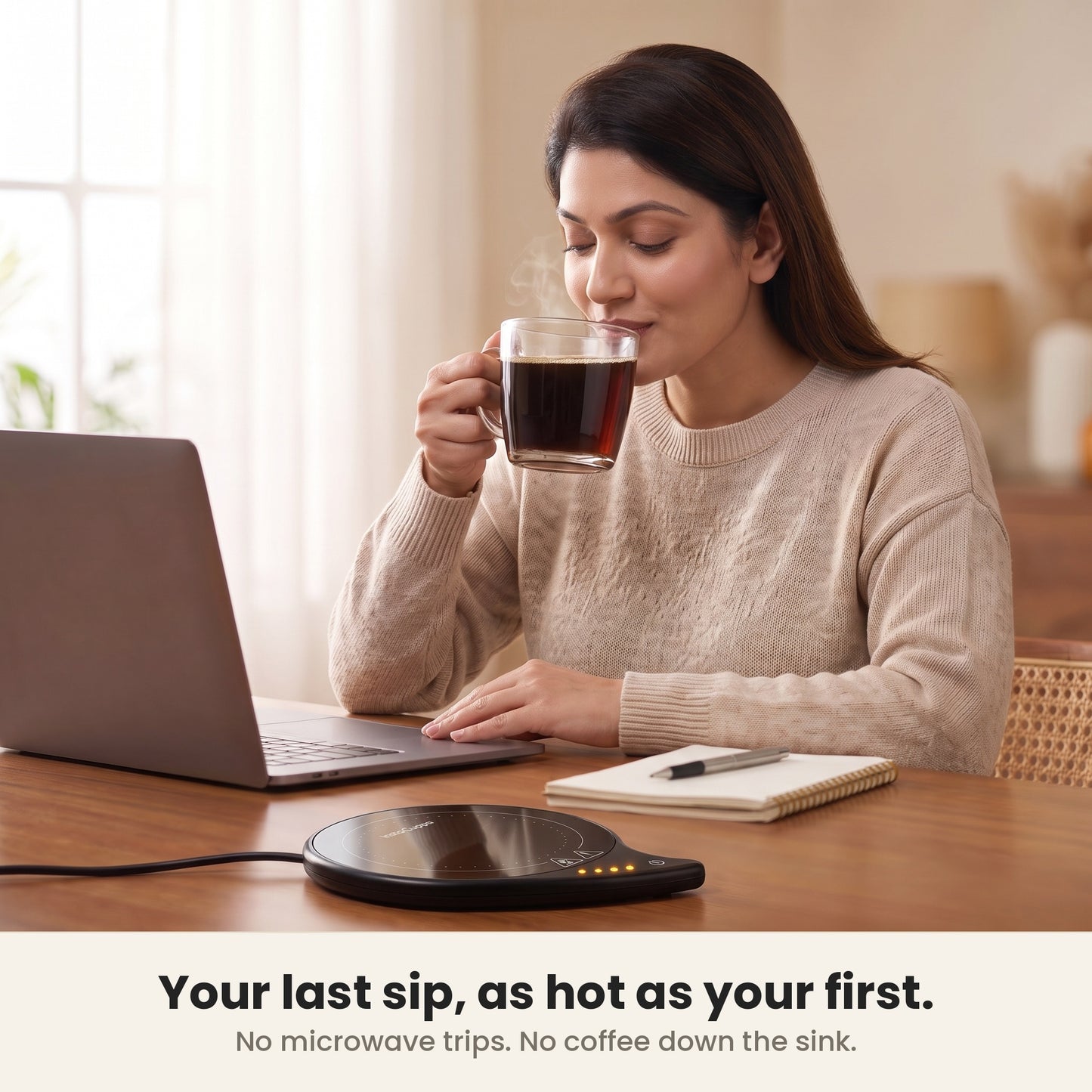 InstaCuppa coffee mug warmer for desk - woman enjoying a hot sip, last sip as hot as the first