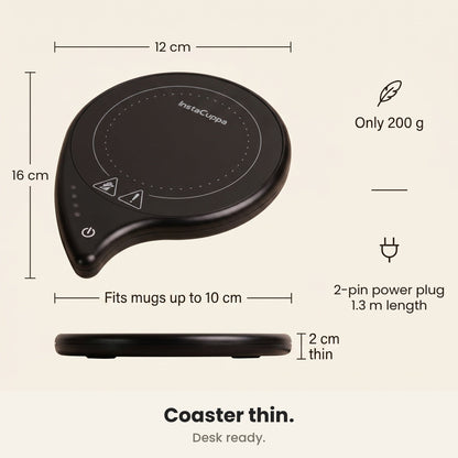 InstaCuppa coffee mug warmer for desk dimensions - 16 x 12 cm, 2 cm thin, 200 g, 1.3 m power cord