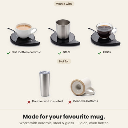 InstaCuppa coffee mug warmer for desk works with flat-bottom ceramic, steel and glass mugs up to 10 cm