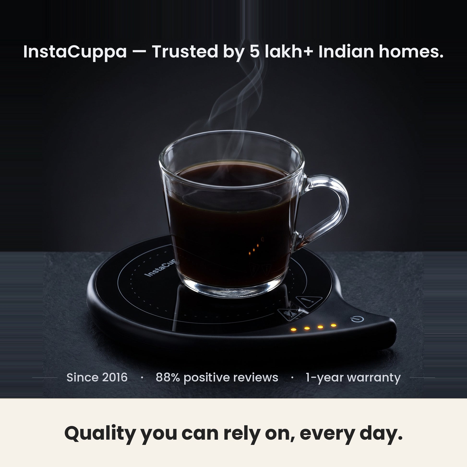 InstaCuppa coffee mug warmer for desk from a brand trusted by 5 lakh Indian homes since 2016