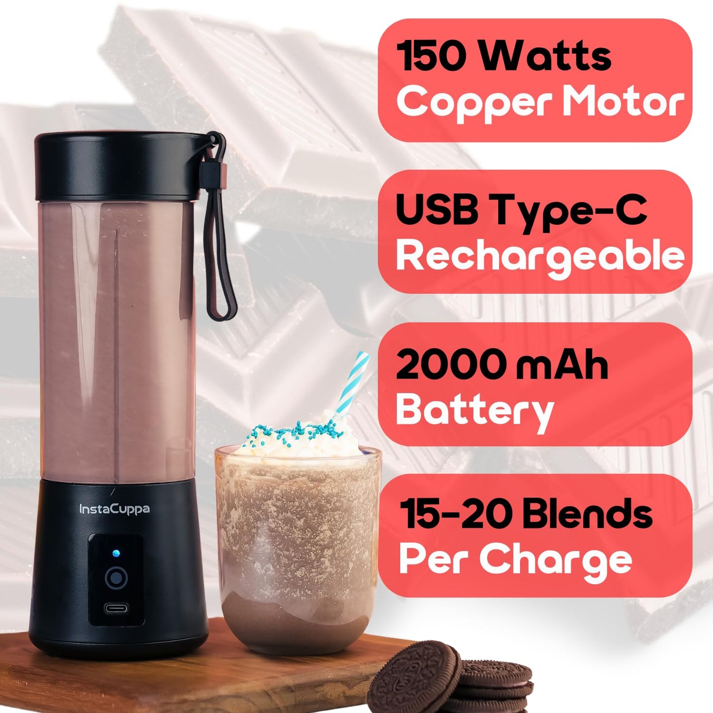 InstaCuppa Portable Blender Classic Edition with chocolate milkshake - 150W motor USB-C 2000 mAh up to 20 blends per charge