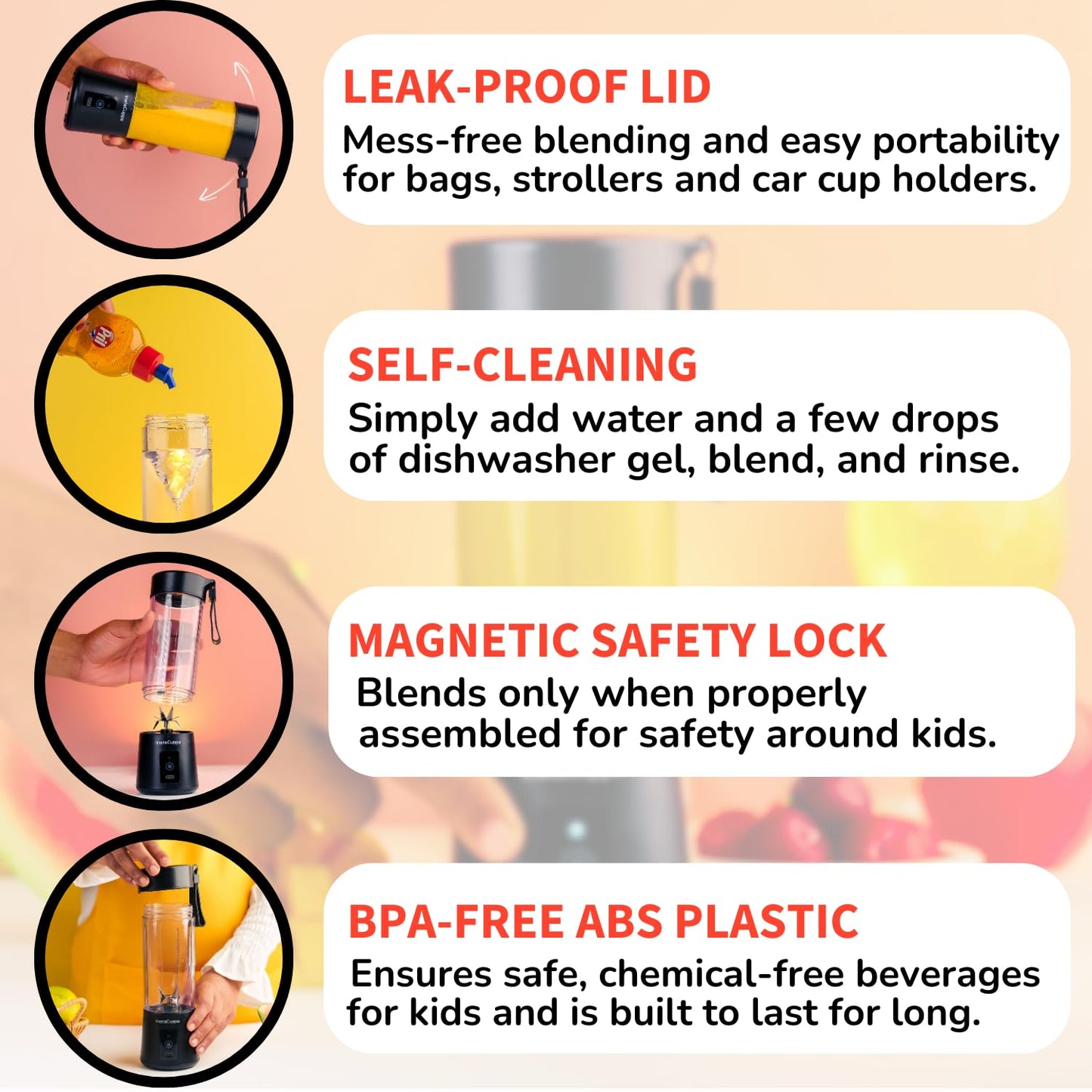 InstaCuppa Portable Blender Classic Edition features - leak-proof lid magnetic safety lock self-cleaning BPA-free body