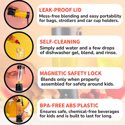 InstaCuppa Portable Blender Classic Edition features - leak-proof lid magnetic safety lock self-cleaning BPA-free body