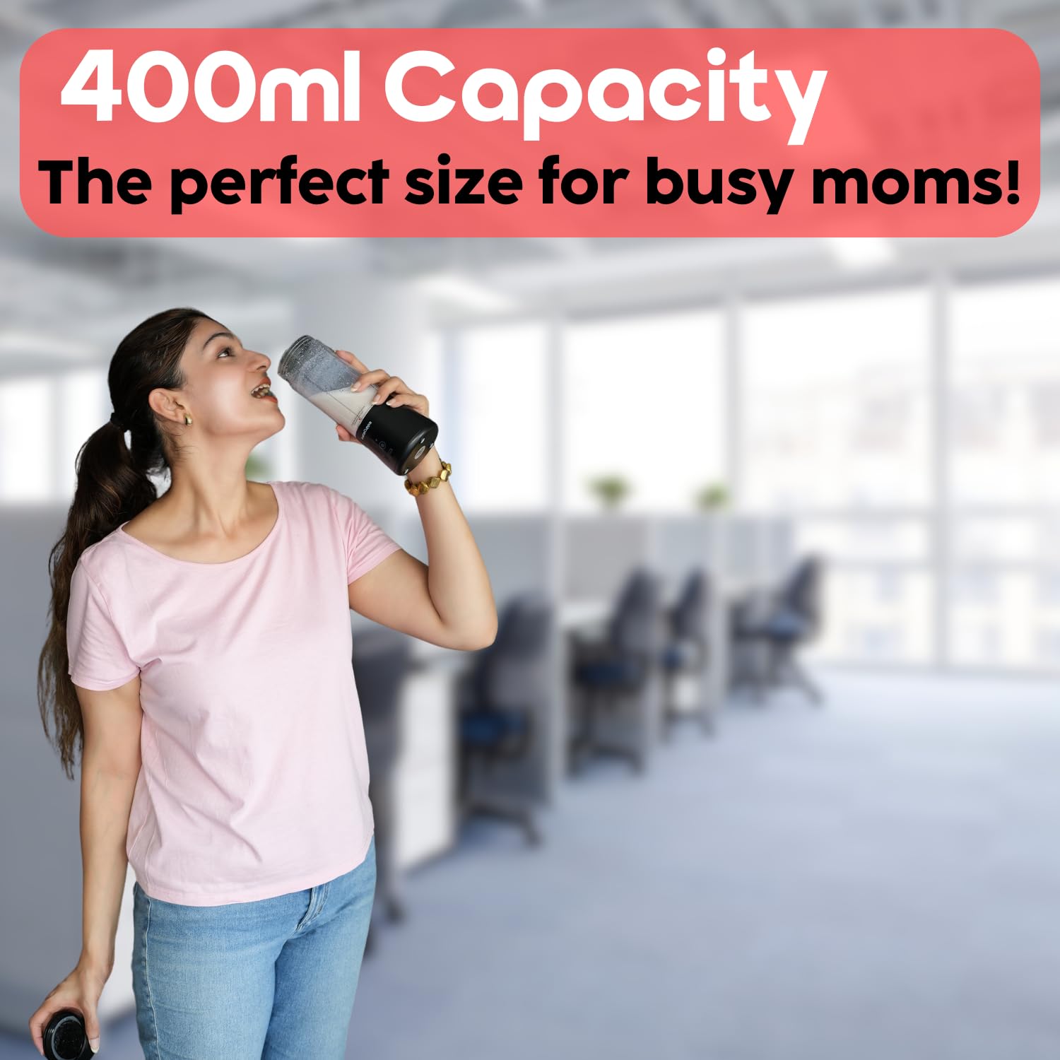 InstaCuppa Portable Blender Classic Edition sipped by woman at the office - 400 ml size for busy daily routines