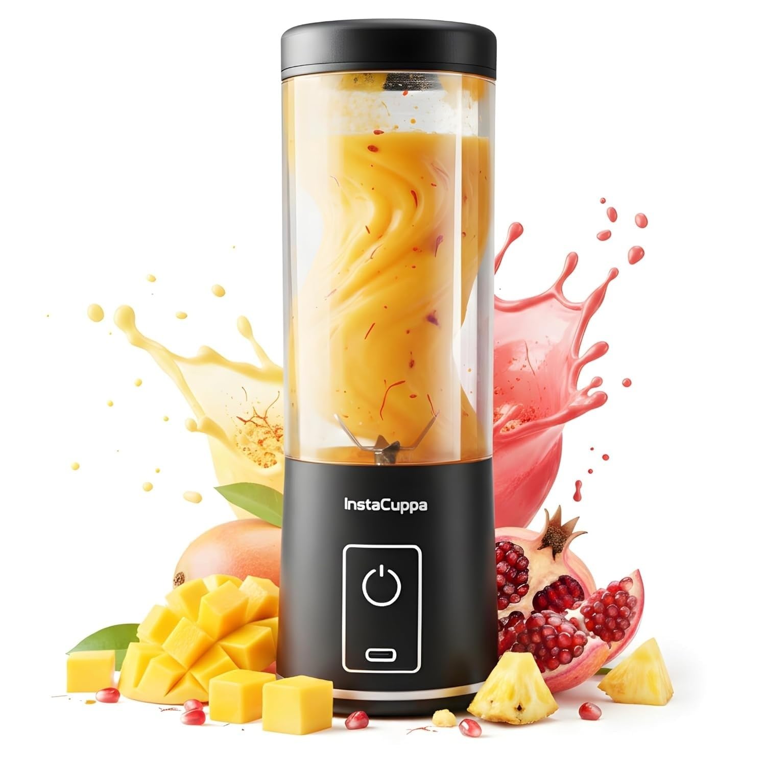 InstaCuppa Portable Blender Classic Edition blending mango smoothie with fruit splash - 304 steel blades and USB-C base