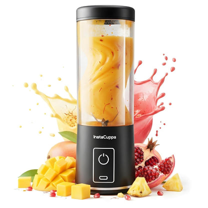 InstaCuppa Portable Blender Classic Edition blending mango smoothie with fruit splash - 304 steel blades and USB-C base