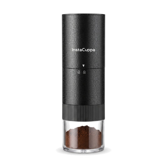 InstaCuppa Portable Electric Burr Coffee Grinder V4 in black, front view, with freshly ground coffee in the clear chamber