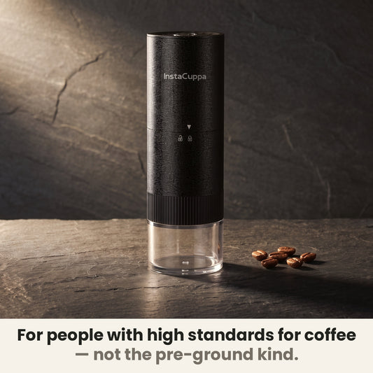 InstaCuppa Portable Electric Burr Coffee Grinder V4 for coffee lovers with high standards, cordless burr grinder on dark stone