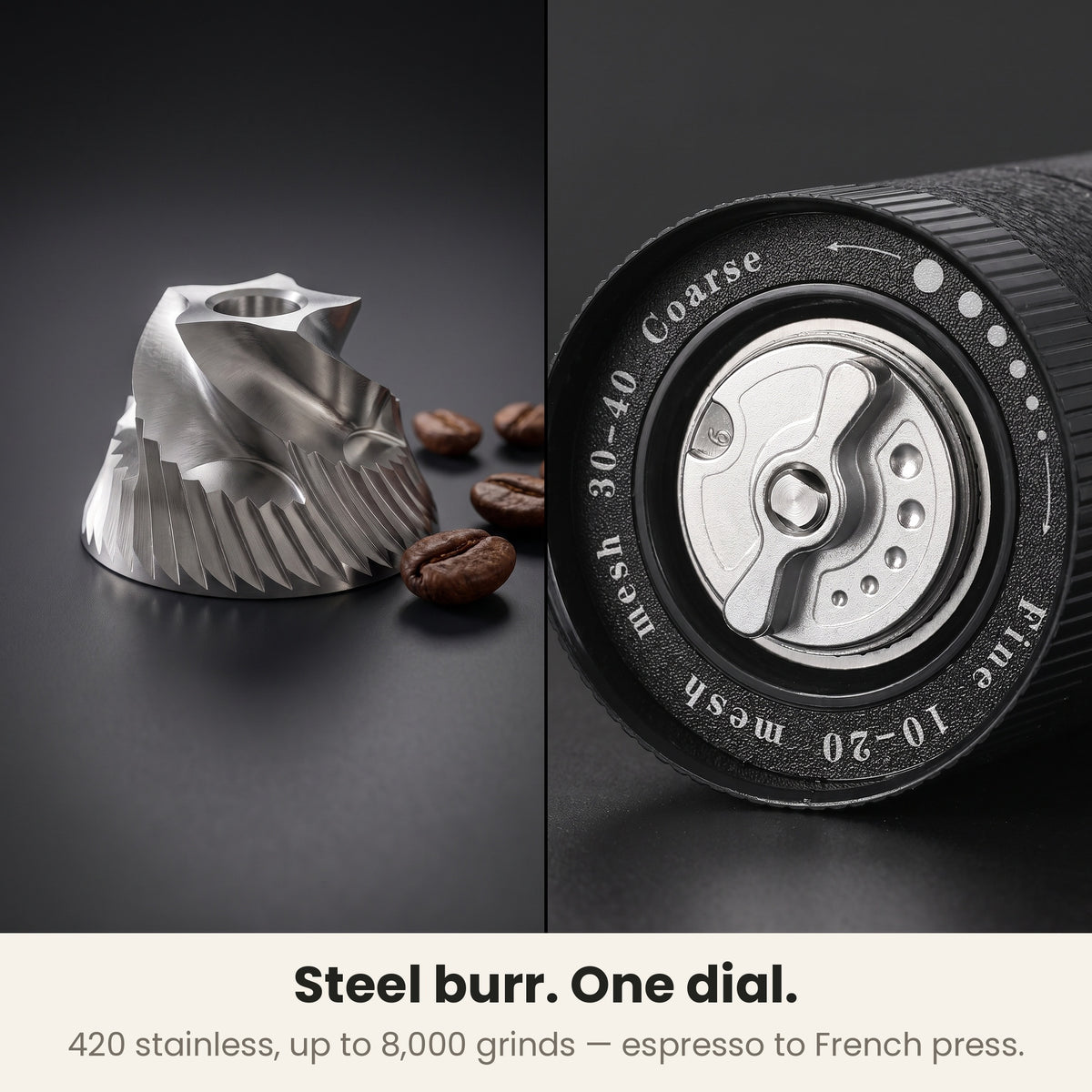 InstaCuppa Portable Electric Burr Coffee Grinder V4 420 stainless steel conical burr and grind dial