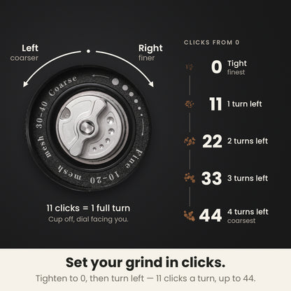 InstaCuppa Portable Electric Burr Coffee Grinder V4 grind settings: 11 clicks per turn, turn right for finer and left for coarser
