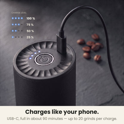 InstaCuppa Portable Electric Burr Coffee Grinder V4 USB-C rechargeable with charge-level LED indicator