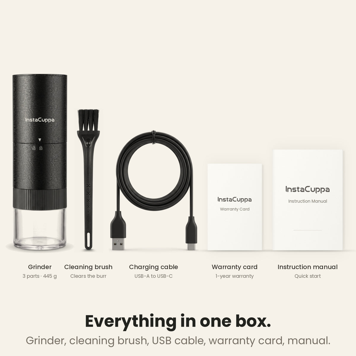 InstaCuppa Portable Electric Burr Coffee Grinder V4 what's in the box: grinder, cleaning brush, USB charging cable, warranty card, instruction manual