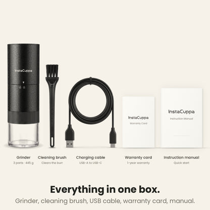 InstaCuppa Portable Electric Burr Coffee Grinder V4 what's in the box: grinder, cleaning brush, USB charging cable, warranty card, instruction manual