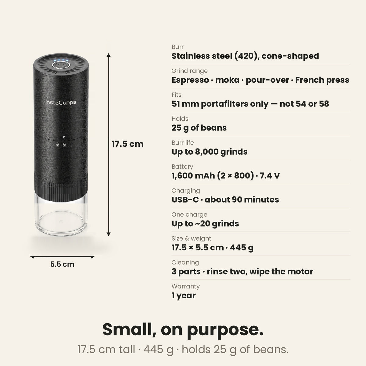 InstaCuppa Portable Electric Burr Coffee Grinder V4 specifications: 17.5 cm tall, 445 g, holds 25 g of beans