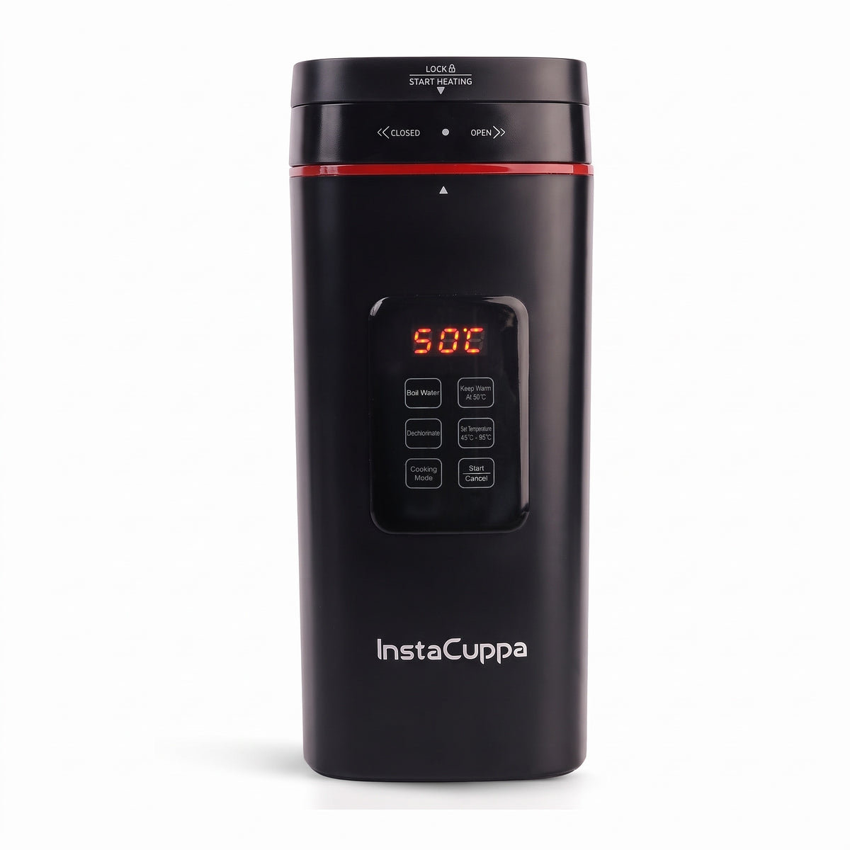 InstaCuppa Portable Electric Kettle 500 ml with Temperature Control - Black - front view with temperature display