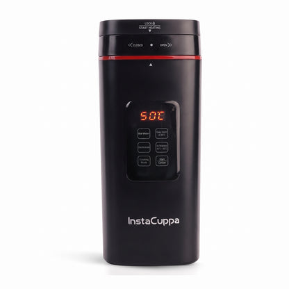 InstaCuppa Portable Electric Kettle 500 ml with Temperature Control - Black - front view with temperature display