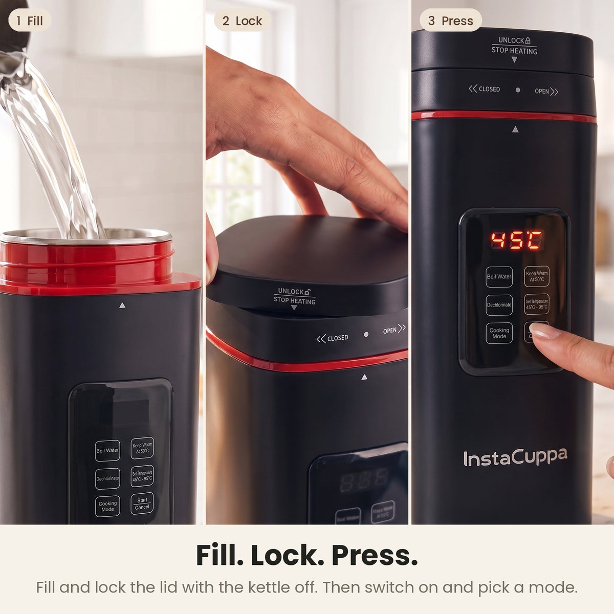 InstaCuppa Portable Electric Kettle 500 ml with Temperature Control - Black - how to use, fill, lock and press