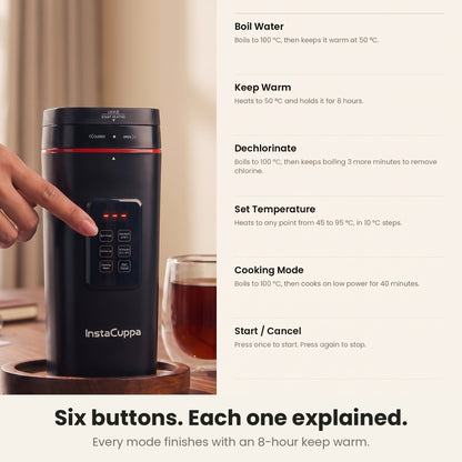 InstaCuppa Portable Electric Kettle 500 ml with Temperature Control - Black - six touch buttons explained