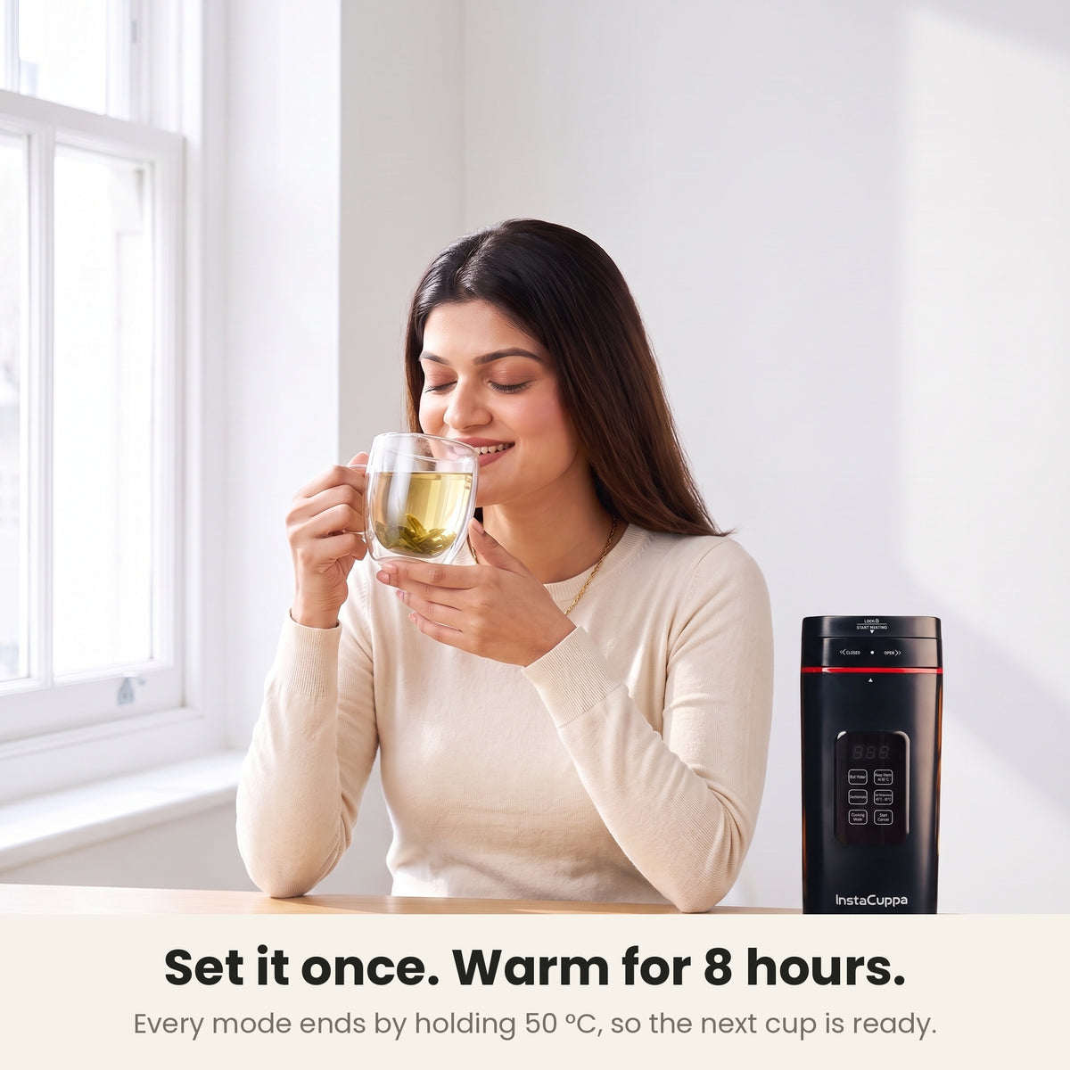 InstaCuppa Portable Electric Kettle 500 ml with Temperature Control - Black - woman enjoying green tea at a desk