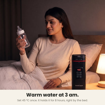 InstaCuppa Portable Electric Kettle 500 ml with Temperature Control - Black - warm water at 45 C, bedside table at night