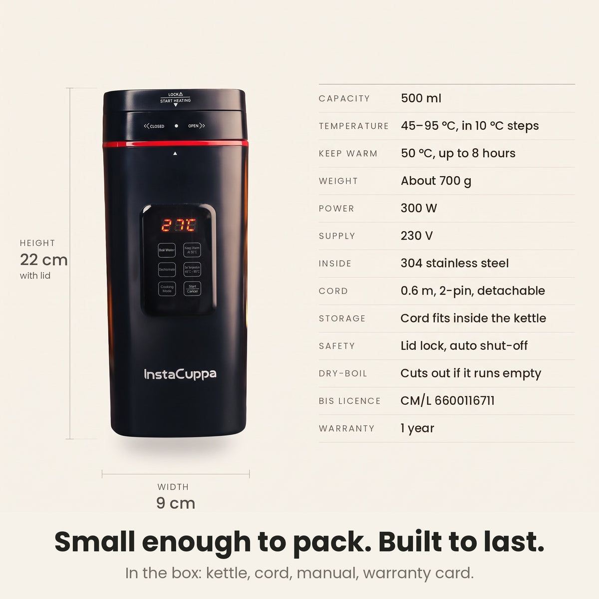 InstaCuppa Portable Electric Kettle 500 ml with Temperature Control - Black - specifications 500 ml 300 W 230 V 22 cm