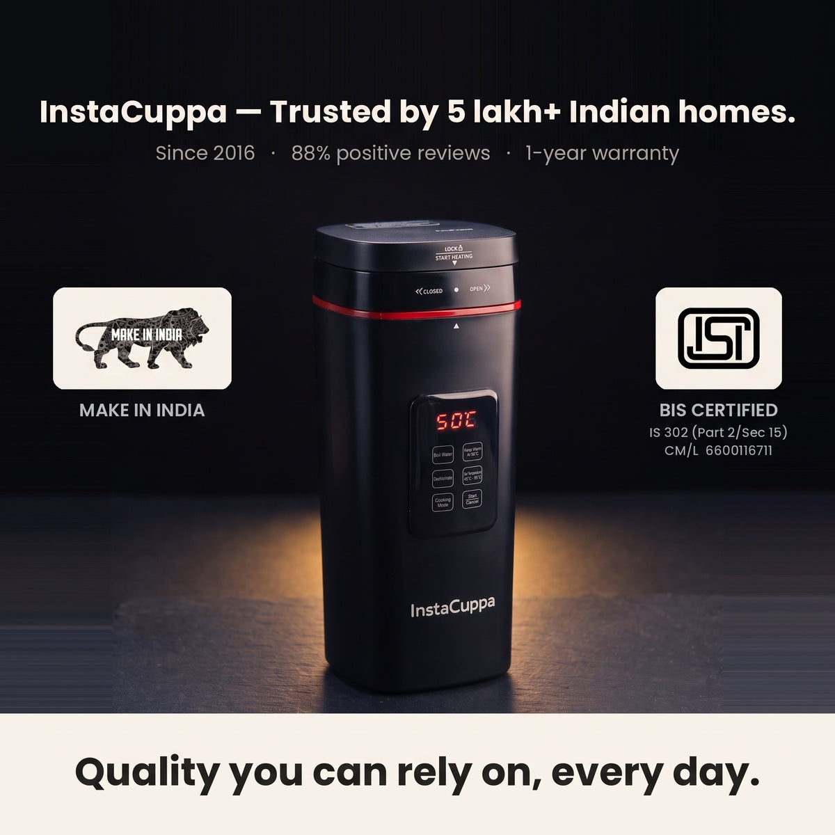 InstaCuppa Portable Electric Kettle 500 ml with Temperature Control - Black - trusted by 5 lakh homes, BIS certified