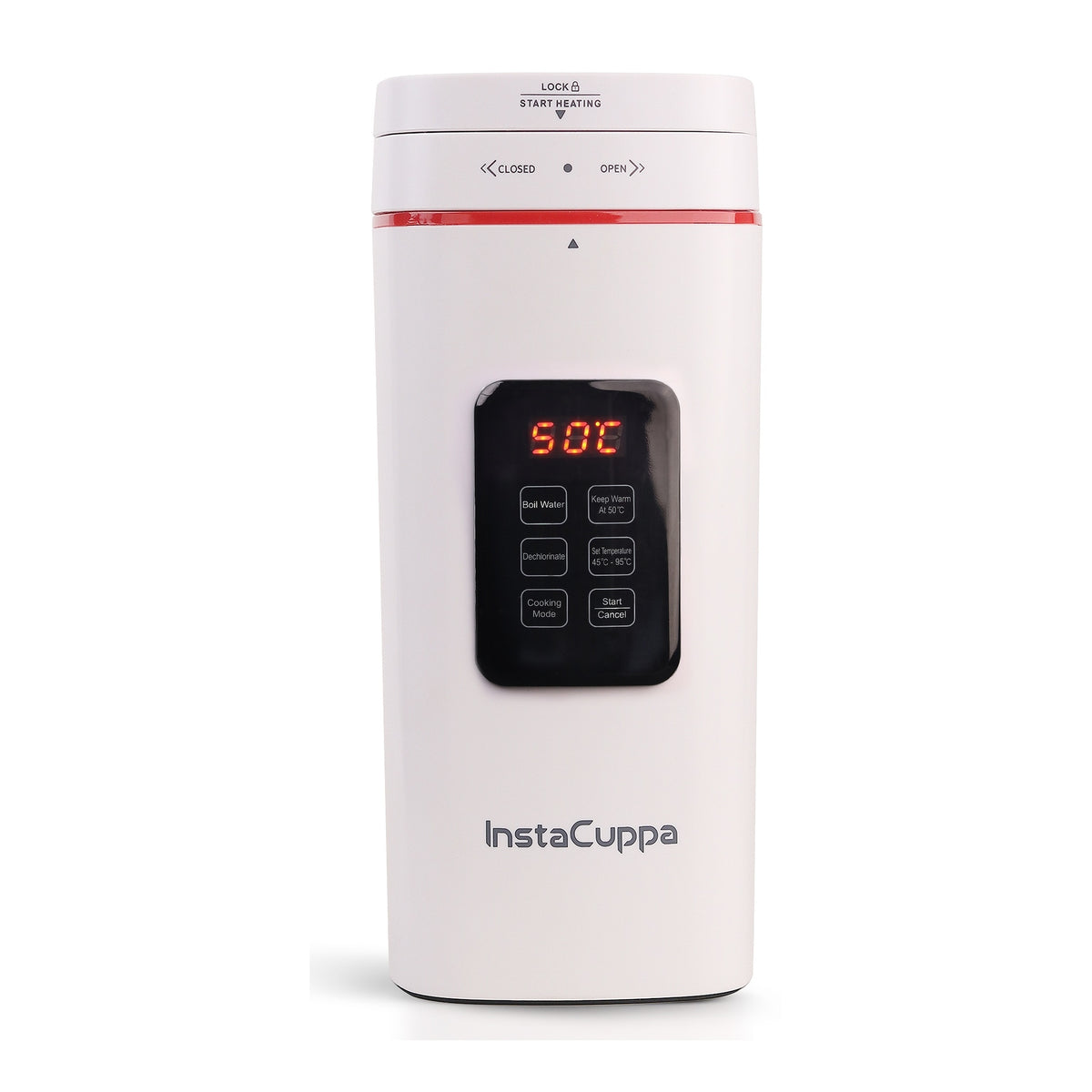 InstaCuppa Portable Electric Kettle 500 ml with Temperature Control - White - front view with temperature display