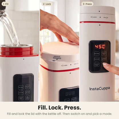 InstaCuppa Portable Electric Kettle 500 ml with Temperature Control - White - how to use, fill, lock and press