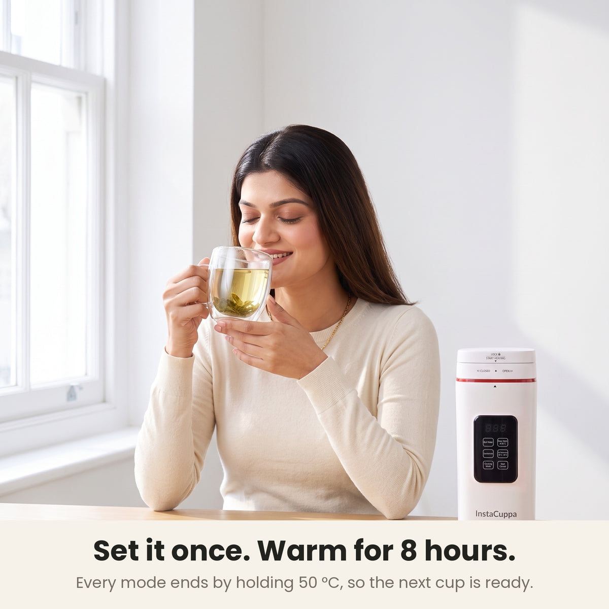 InstaCuppa Portable Electric Kettle 500 ml with Temperature Control - White - woman enjoying green tea at a desk