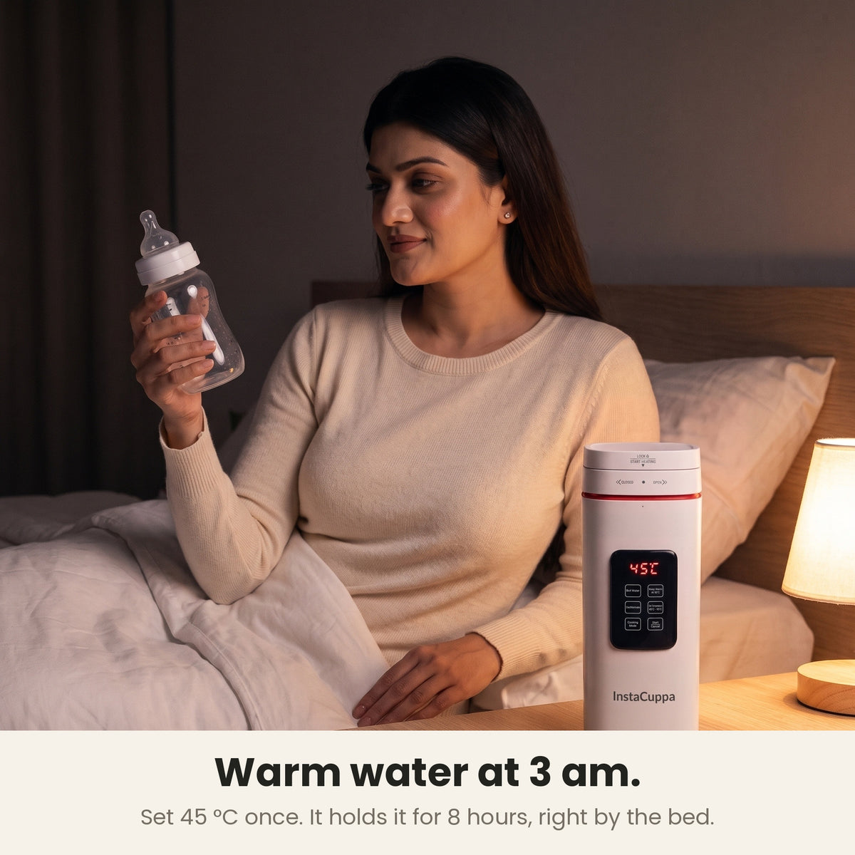 InstaCuppa Portable Electric Kettle 500 ml with Temperature Control - White - warm water at 45 C, bedside table at night