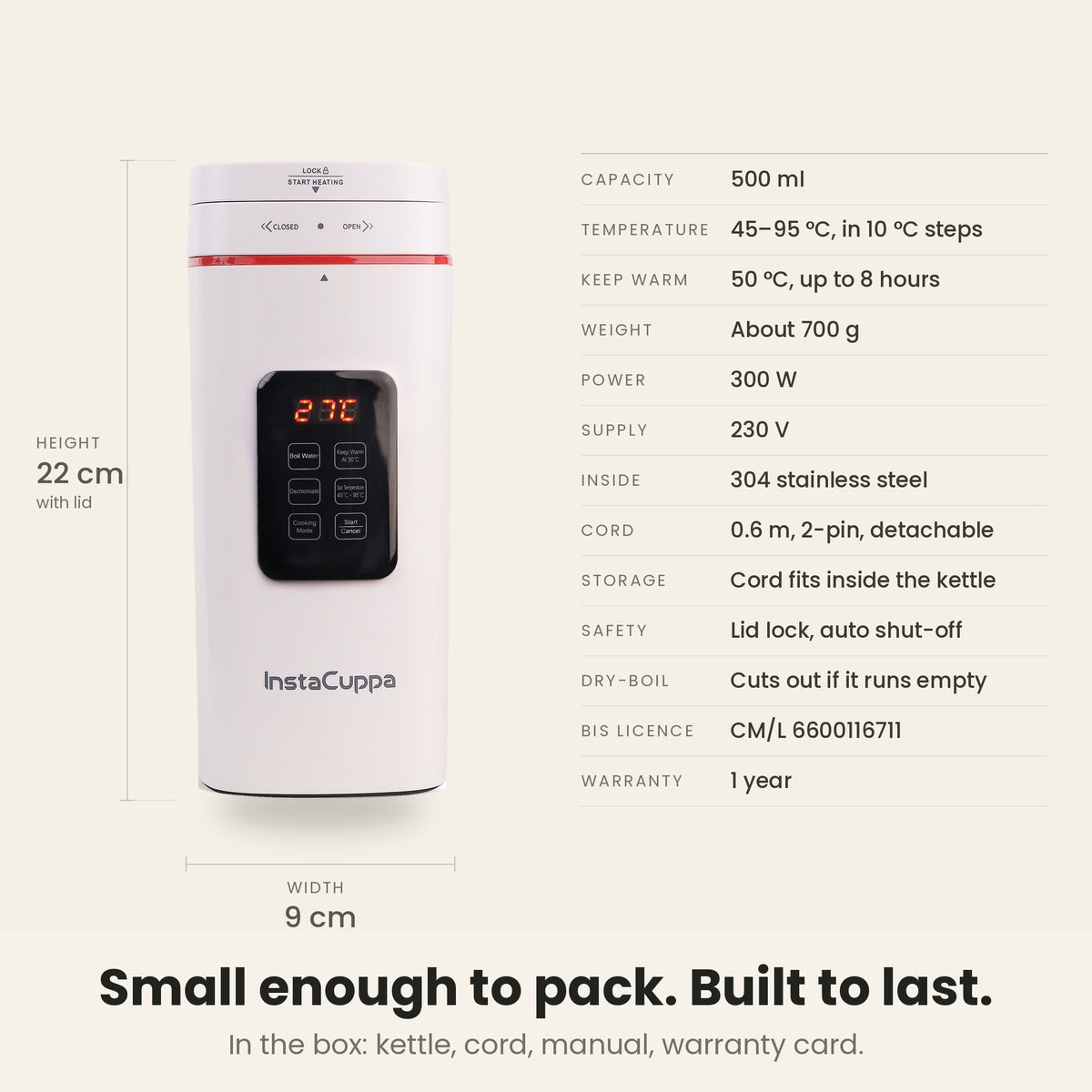 InstaCuppa Portable Electric Kettle 500 ml with Temperature Control - White - specifications 500 ml 300 W 230 V 22 cm
