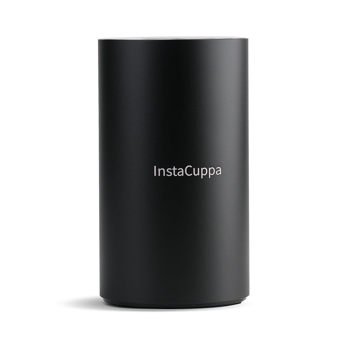 InstaCuppa Rechargeable Aroma Oil Diffuser - matte black waterless essential oil diffuser with the white InstaCuppa wordmark, front view on white