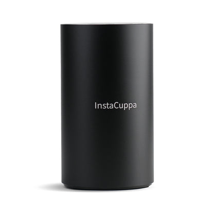 InstaCuppa Rechargeable Aroma Oil Diffuser - matte black waterless essential oil diffuser with the white InstaCuppa wordmark, front view on white