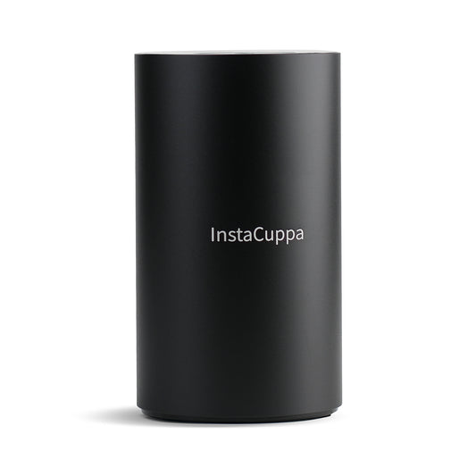 InstaCuppa Rechargeable Aroma Oil Diffuser - matte black waterless essential oil diffuser with the white InstaCuppa wordmark, front view on white