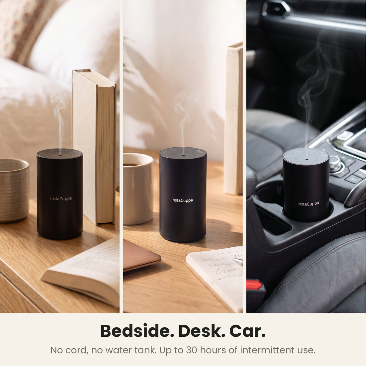 InstaCuppa Rechargeable Aroma Oil Diffuser - bedside, desk, car: cordless, no water tank, up to 30 hours of intermittent use; shown upright in a parked car cup holder