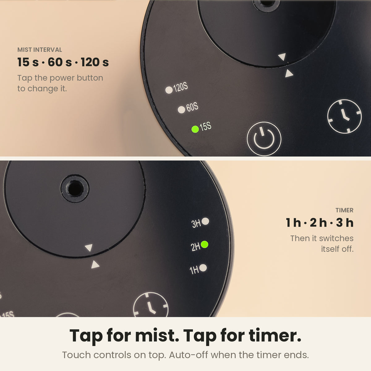 InstaCuppa Rechargeable Aroma Oil Diffuser - tap for mist, tap for timer: 15, 60 or 120 s of mist per 3-minute cycle and a 1, 2 or 3 h timer with auto-off on the touch top