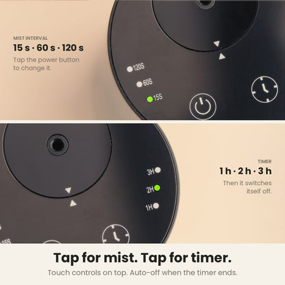 InstaCuppa Rechargeable Aroma Oil Diffuser - tap for mist, tap for timer: 15, 60 or 120 s of mist per 3-minute cycle and a 1, 2 or 3 h timer with auto-off on the touch top
