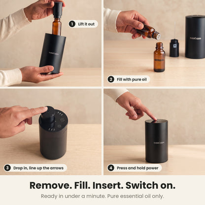 InstaCuppa Rechargeable Aroma Oil Diffuser - remove, fill, insert, switch on: lift out the bottle, fill it with pure essential oil, line up the arrows, press and hold power
