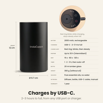 InstaCuppa Rechargeable Aroma Oil Diffuser - charges by USB-C in 2-3 hours; 2000 mAh, red ring blinks while charging; 6.7 cm x 12 cm, 300 g without oil; specifications