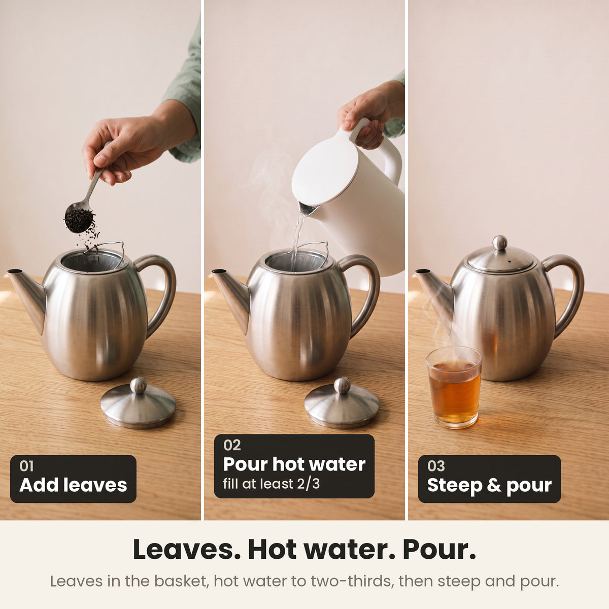 InstaCuppa steel tea pot — how to use: add leaves, pour hot water to two-thirds, steep and pour