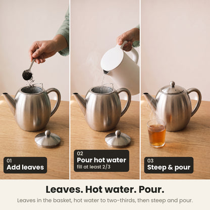 InstaCuppa steel tea pot — how to use: add leaves, pour hot water to two-thirds, steep and pour