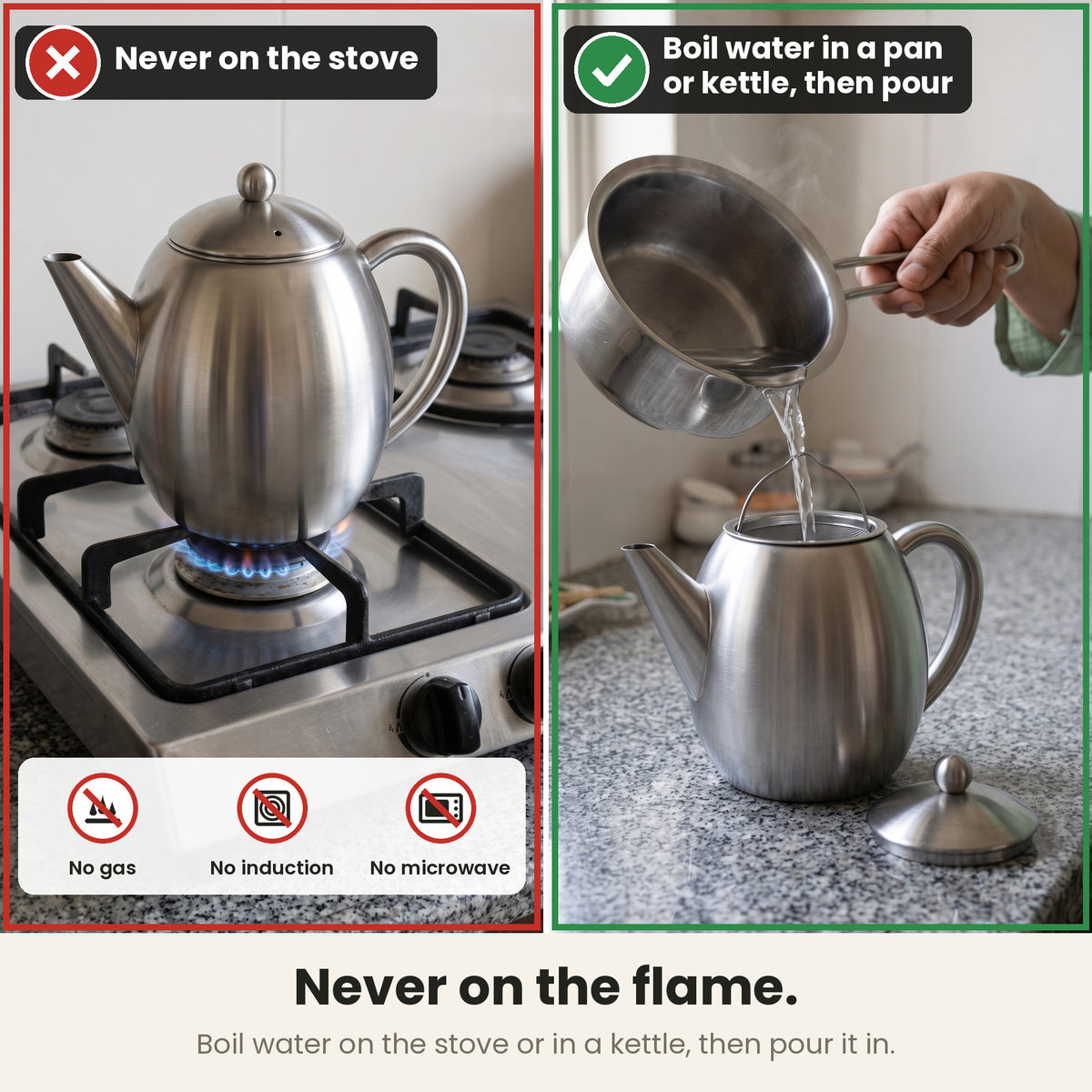 InstaCuppa steel tea pot — never on a gas stove; boil water in a pan or kettle, then pour it in