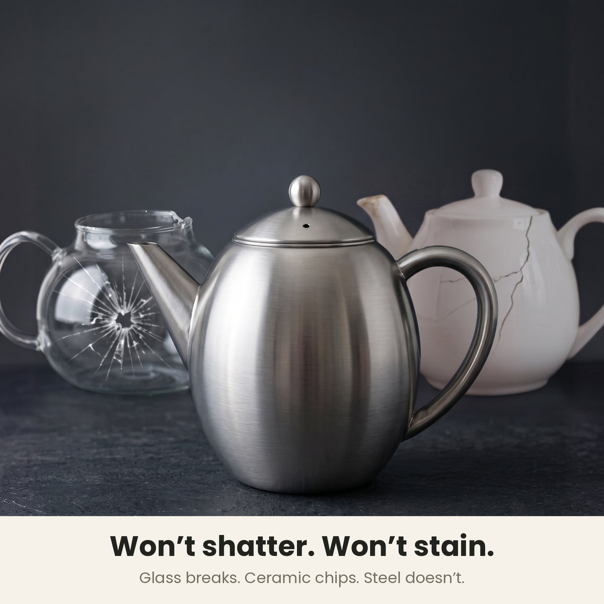 InstaCuppa steel tea pot — stainless steel teapot that will not shatter like glass or chip like ceramic