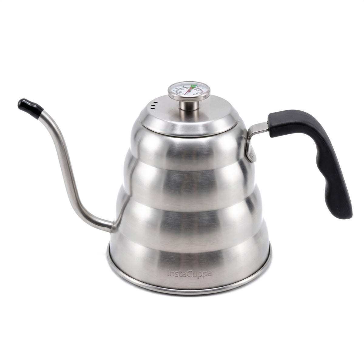 InstaCuppa gooseneck kettle — stovetop gooseneck kettle with thermometer in the lid, 1.2 litre brushed 304 stainless steel, on white