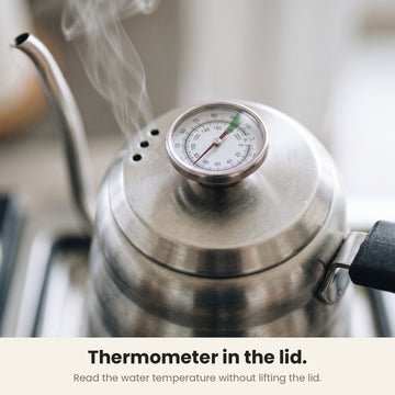 InstaCuppa gooseneck kettle — thermometer built into the lid, °C and °F dial with a green zone near 90 °C, steam rising from the vents