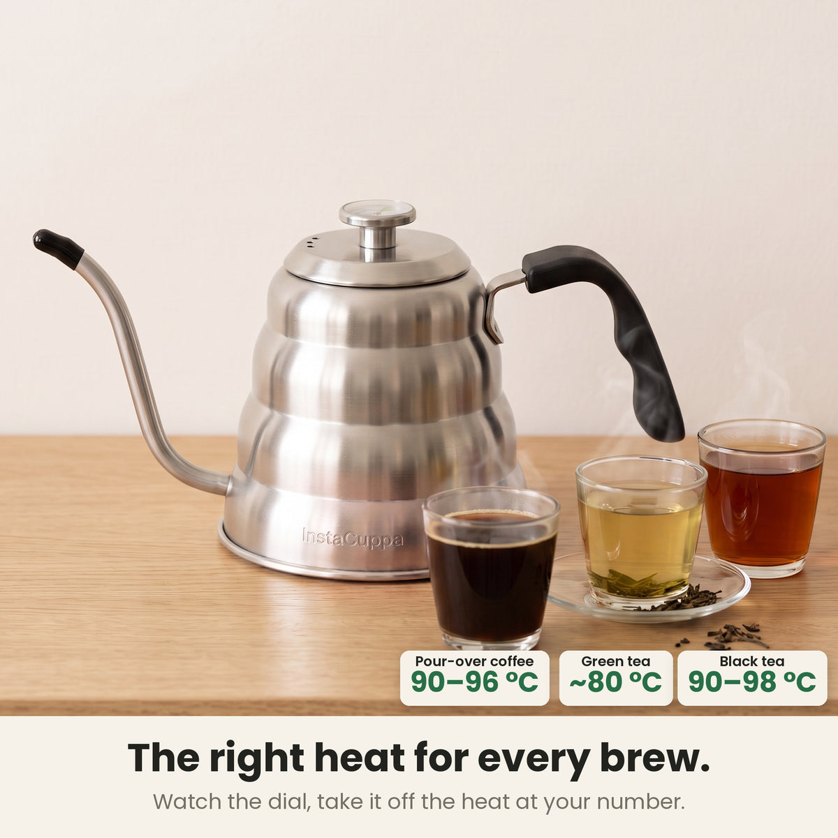 InstaCuppa gooseneck kettle — temperature guide: pour-over coffee 90–96 °C, green tea about 80 °C, black tea 90–98 °C